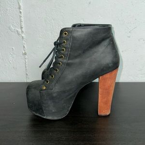 Black Leather Ankle Boots with Brown Heel